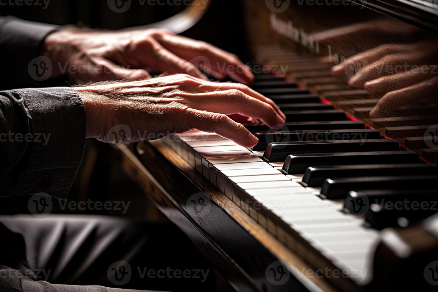 AI generated close up of hands playing the piano bokeh style background with Generated AI photo