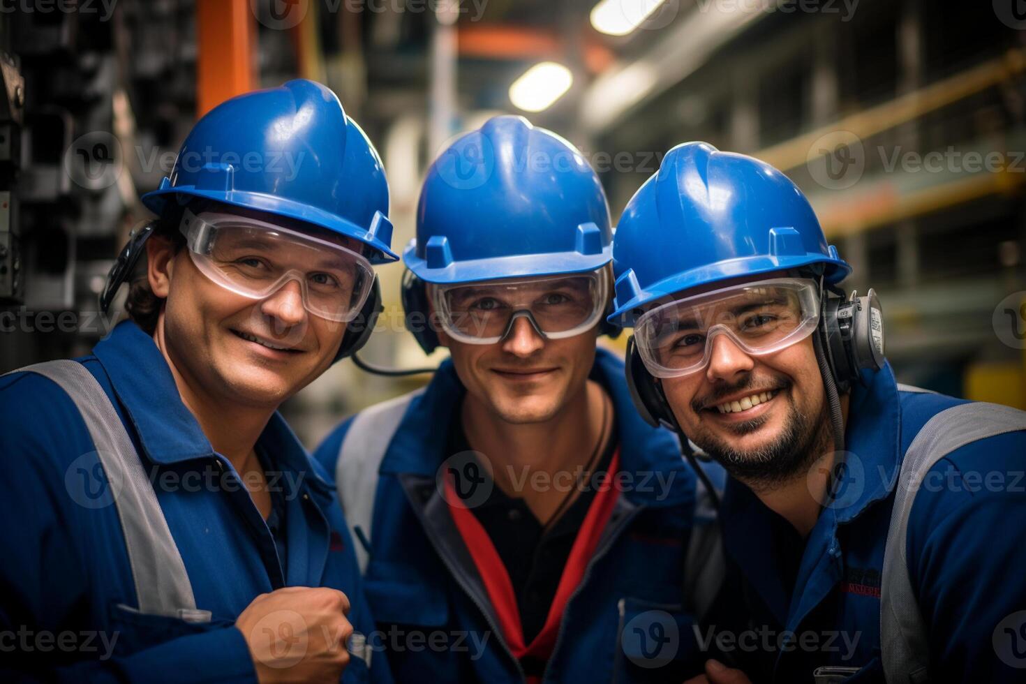 AI generated three maintenance engineer wearing blue uniform smiling bokeh style background with Generated AI photo