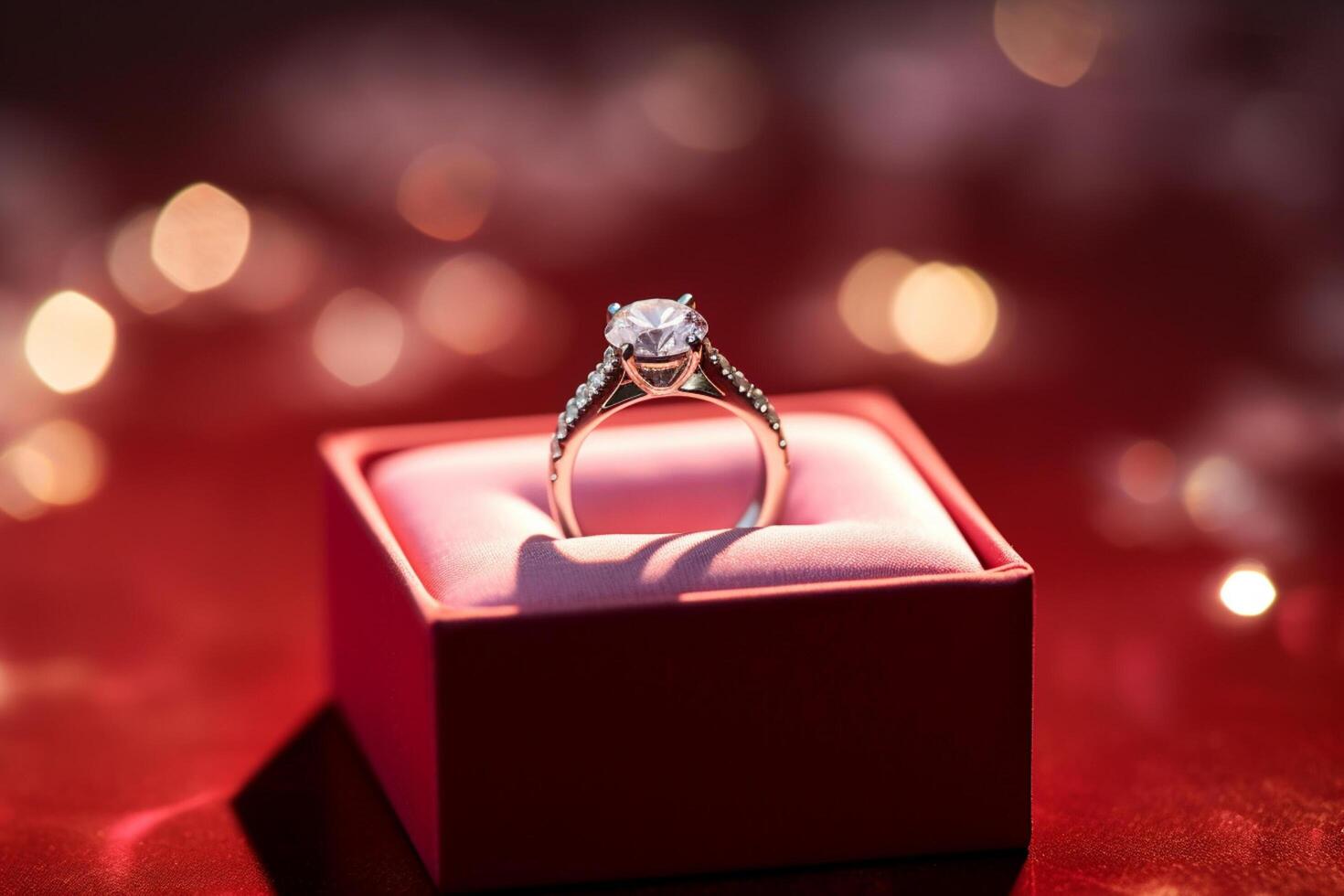 AI generated a diamond wedding ring in a red box bokeh style background with Generated AI photo