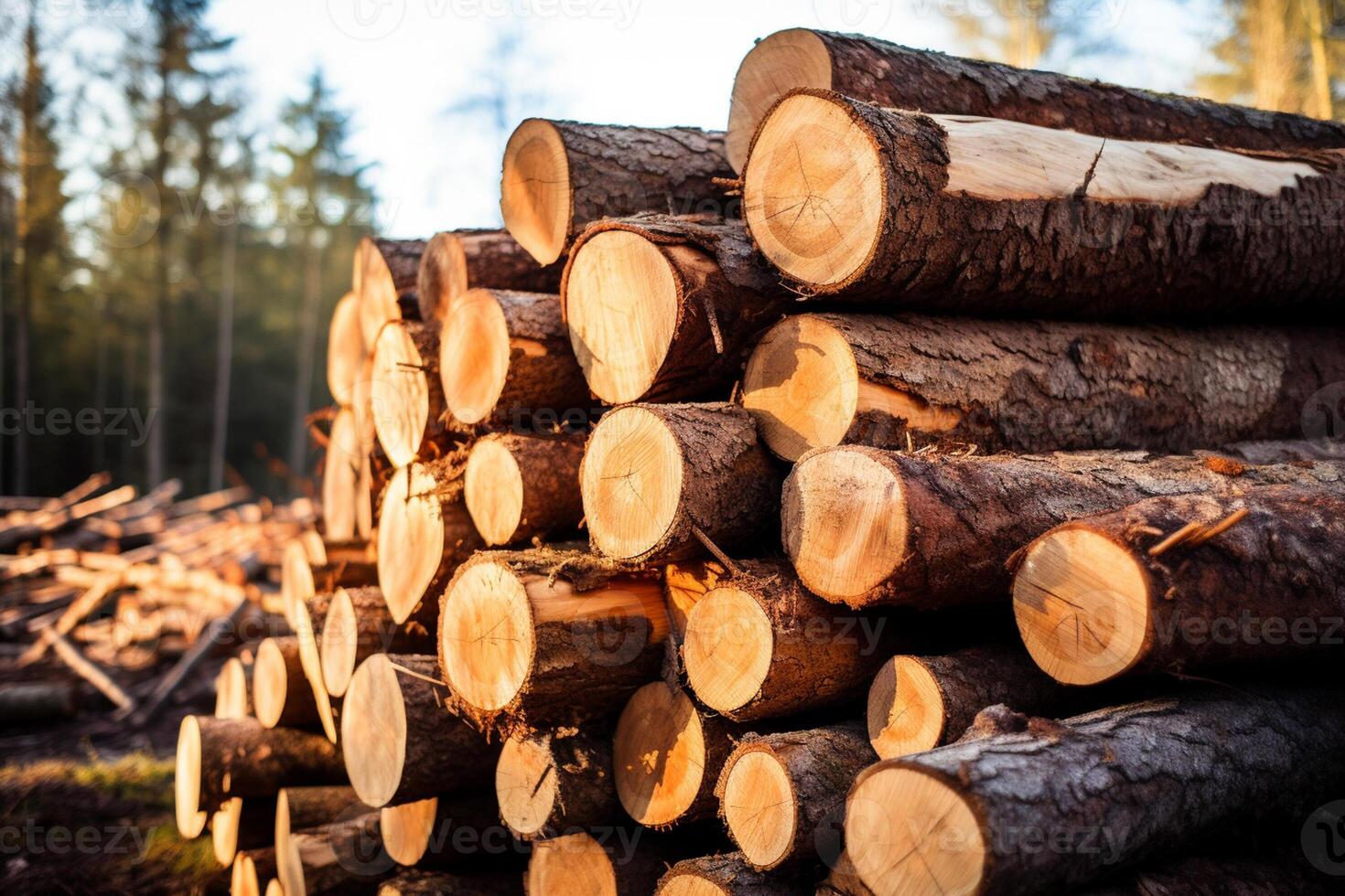 AI generated a pile of logs at the wild bokeh style background with Generative AI photo
