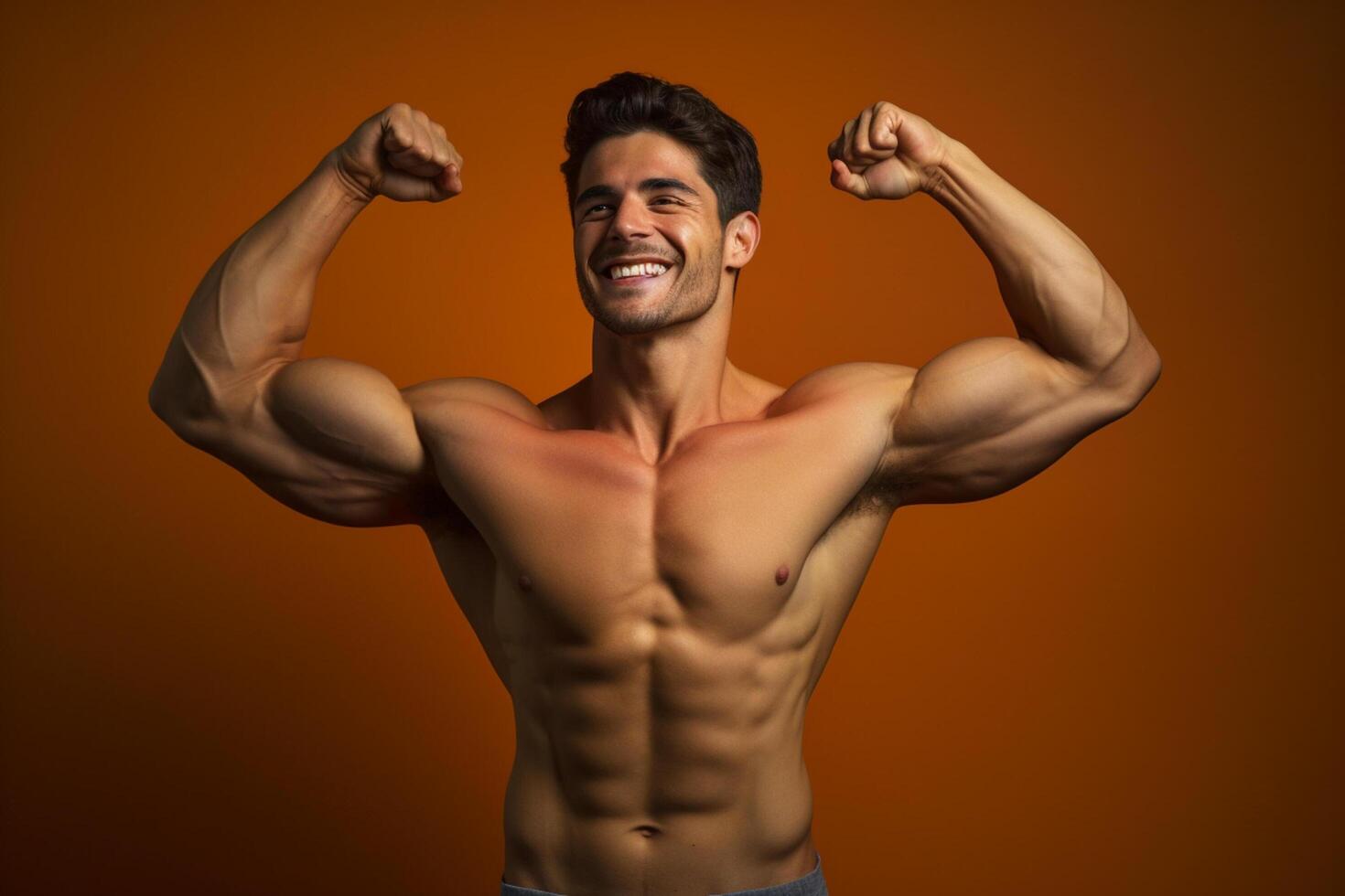 AI generated fitness man show his muscles on orange background with Generative AI photo