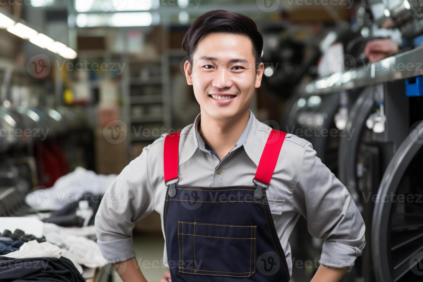 AI generated asian male business entrepreneur in his workshop bokeh style background with Generative AI photo