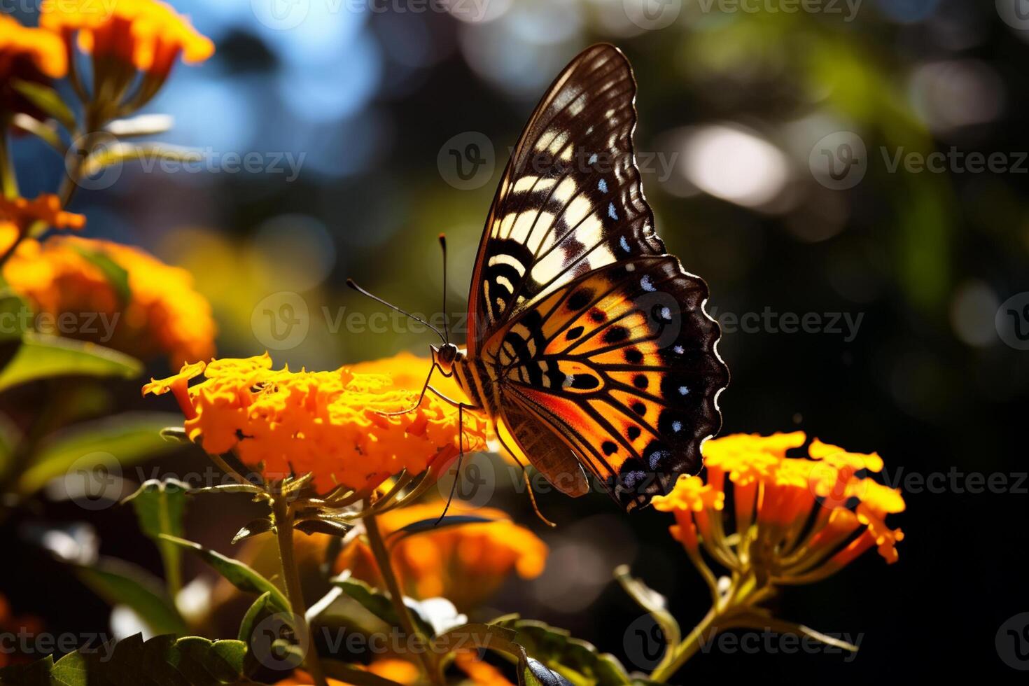 AI generated yellow butterfly sitting on green plant leaves bokeh style background with Generated AI photo