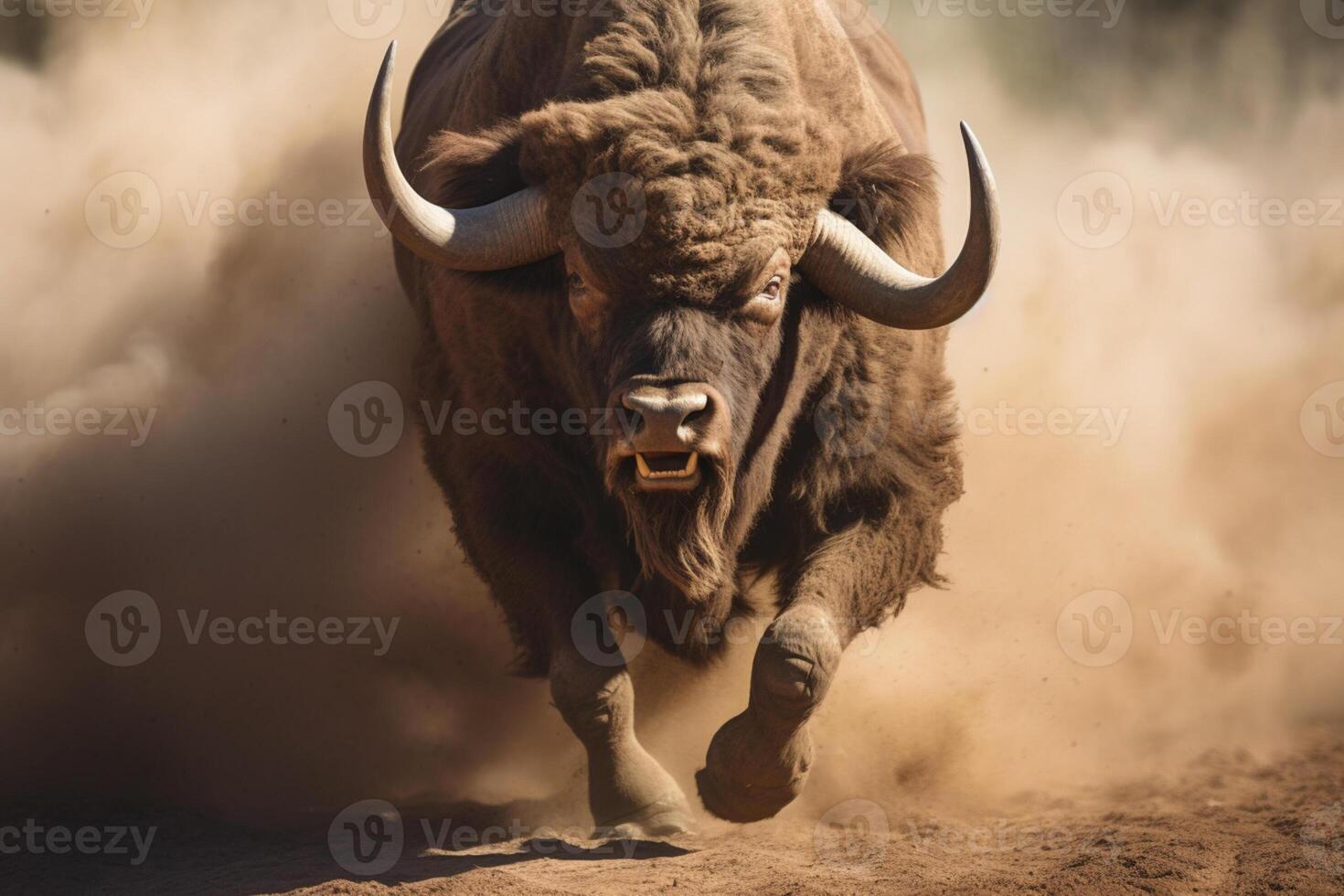 AI generated bighorn bull running through dust bokeh style background with Generative AI photo