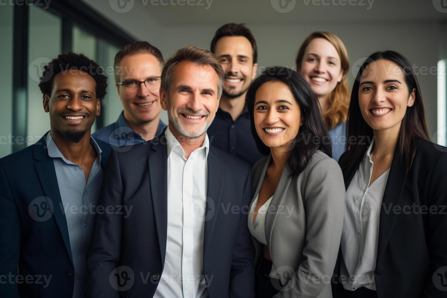 AI generated business teamwork smiling in the office bokeh style background with Generated AI photo