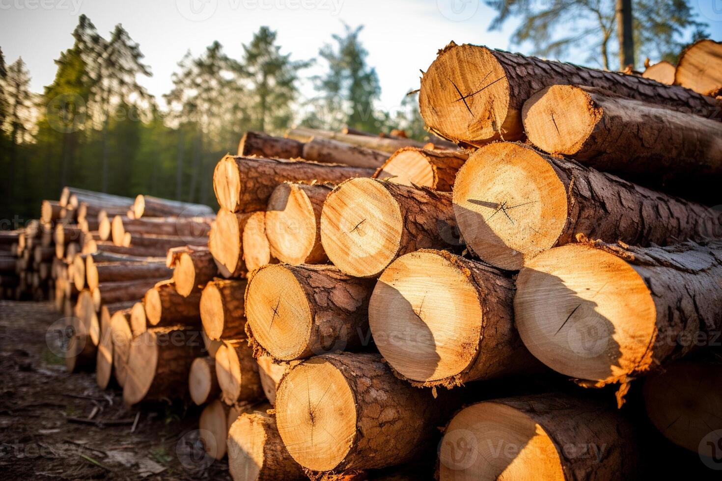 AI generated a pile of logs at the wild bokeh style background with Generative AI photo