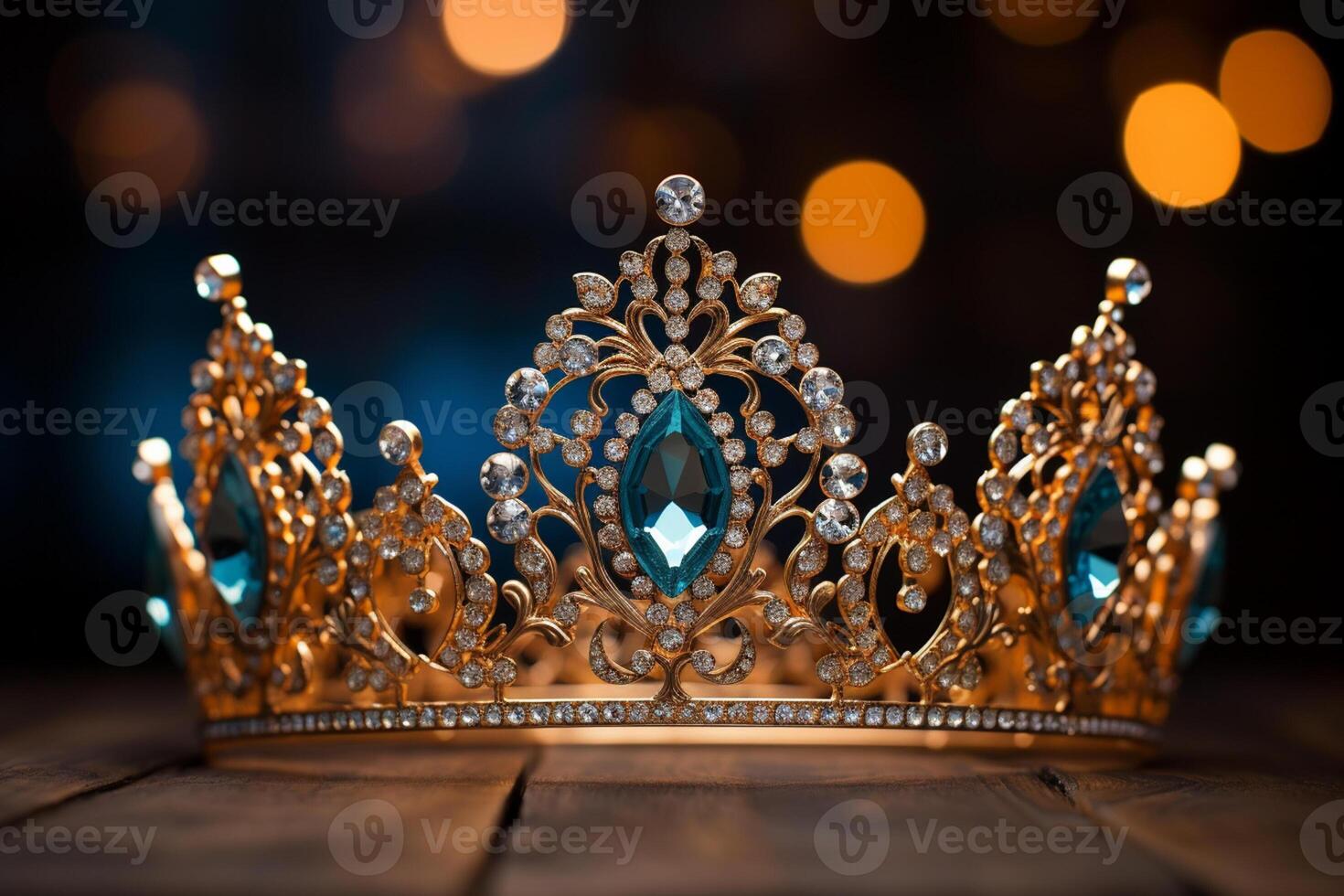 AI generated a blue diamond crown on wood table bokeh style background with Generated AI photo