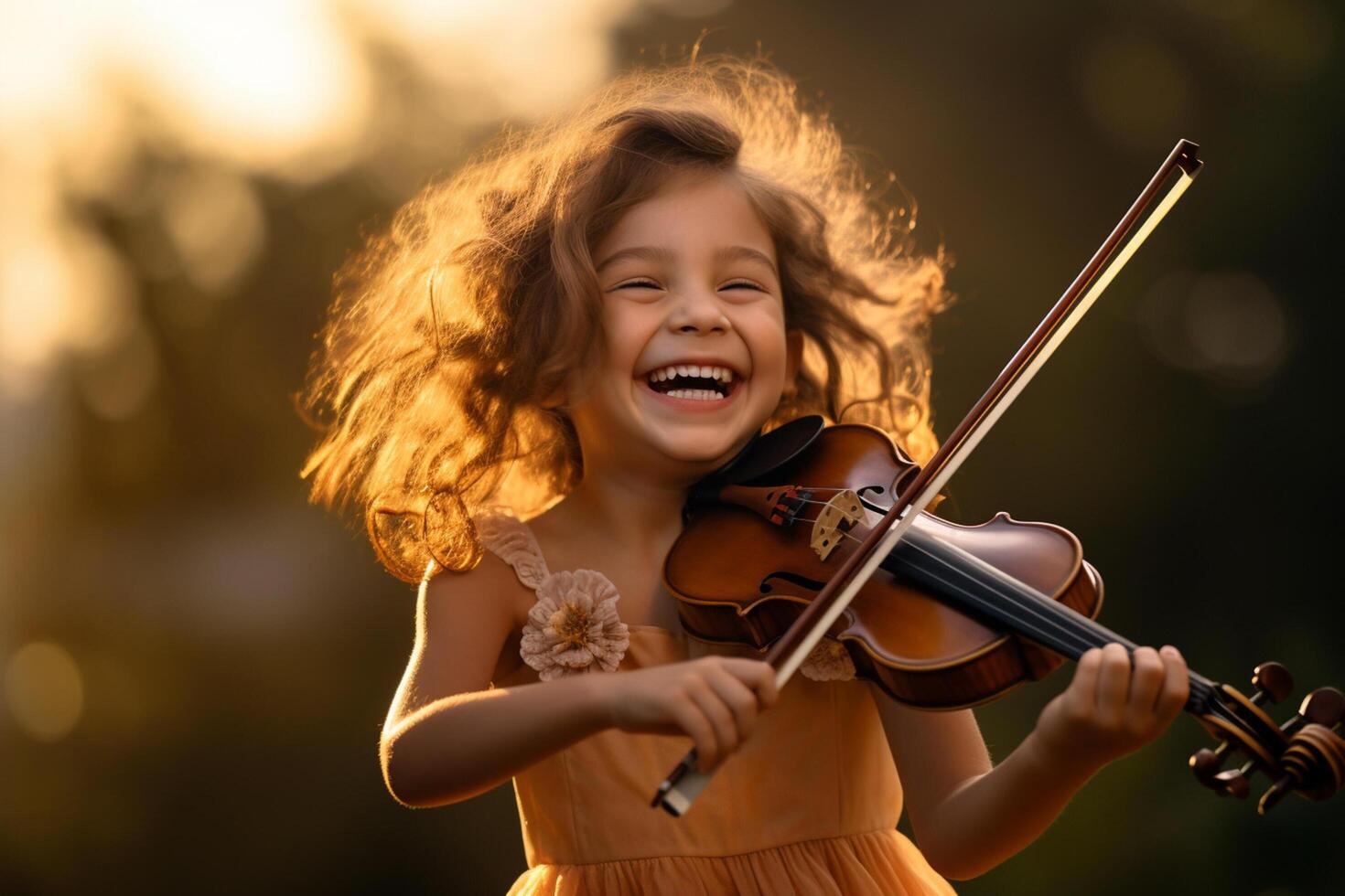 AI generated young girl playing violin bokeh style background with Generative AI photo