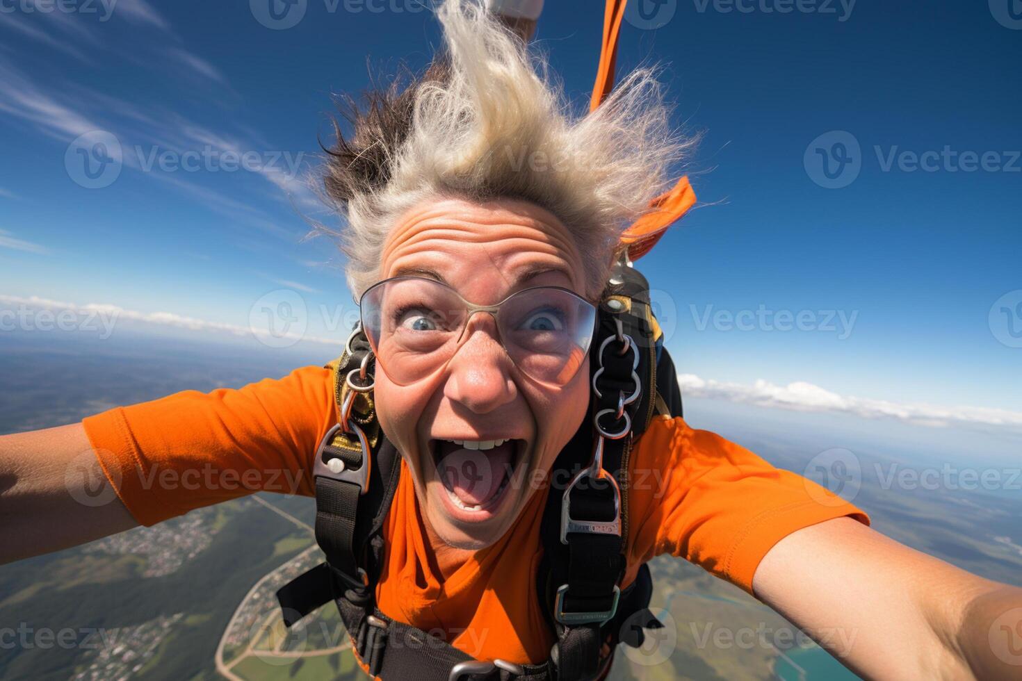 AI generated an old woman taking a selfie while skydiving with Generated AI photo