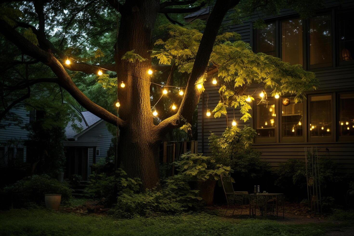 AI generated a string of lights hanging on the tree bokeh style background with generative ai photo