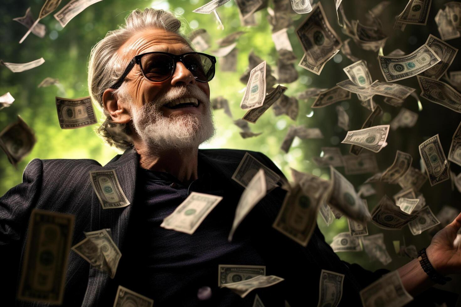 AI generated a happy old man with money flying in the air with generative ai photo