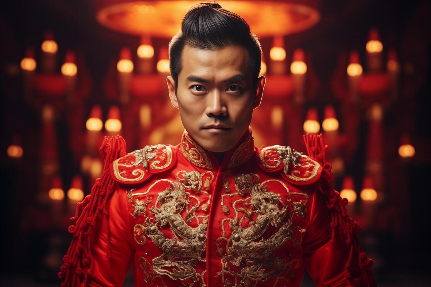 AI generated chinese groom in traditional wedding dress bokeh style background with generative ai photo