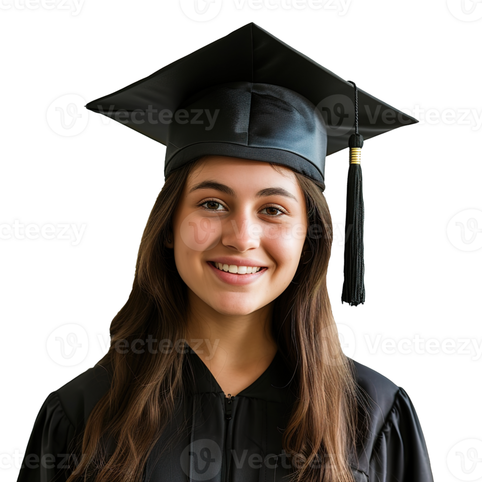 AI generated closed up of a graduating university student female girl smiling, wearing a graduation cap, isolated on a transparent background, student life png