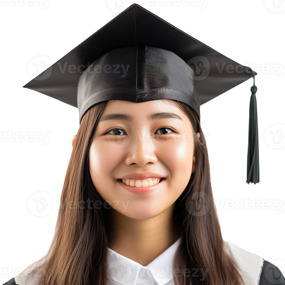 AI generated closed up of a graduating university student female girl smiling, wearing a graduation cap, isolated on a transparent background, student life png