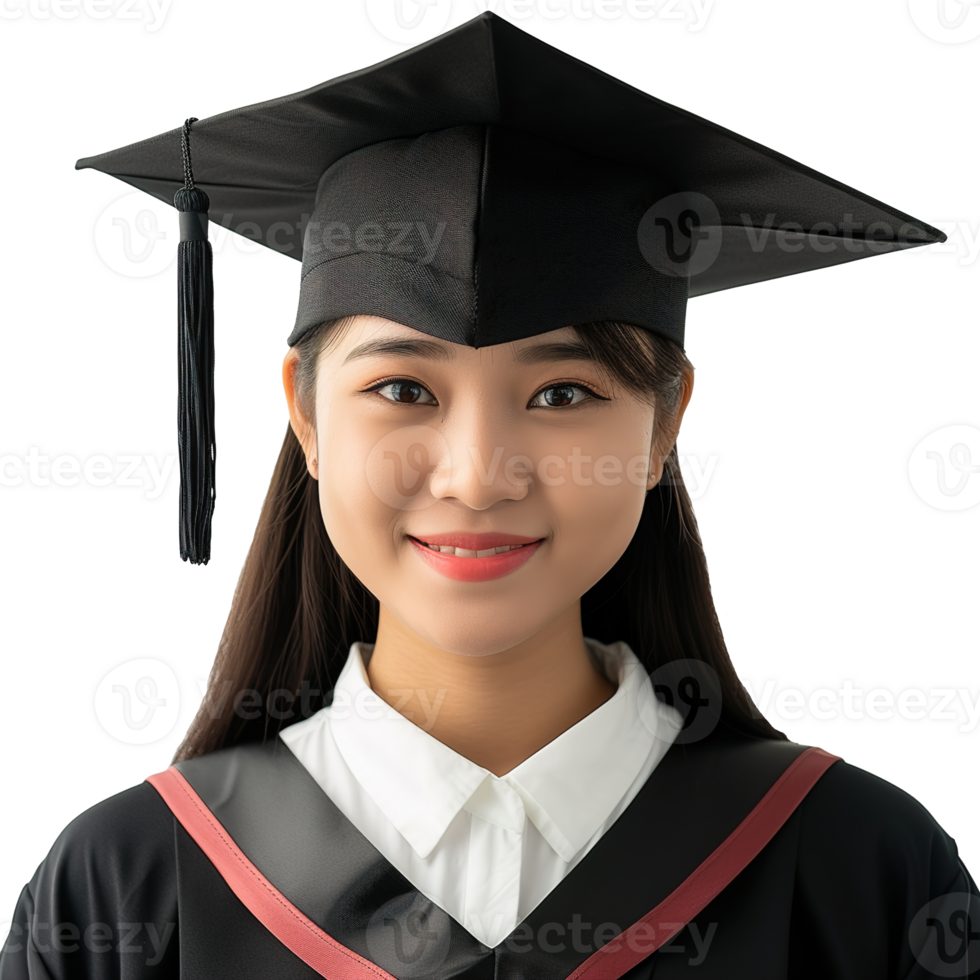 AI generated closed up of a graduating university student female girl smiling, wearing a graduation cap, isolated on a transparent background, student life png