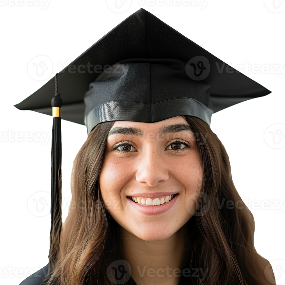 AI generated closed up of a graduating university student female girl smiling, wearing a graduation cap, isolated on a transparent background, student life png