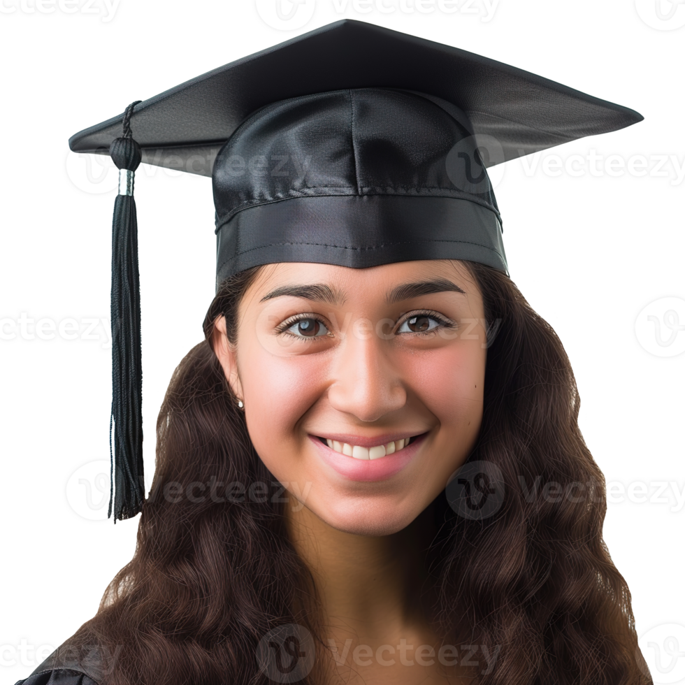 AI generated closed up of a graduating university student female girl smiling, wearing a graduation cap, isolated on a transparent background, student life png