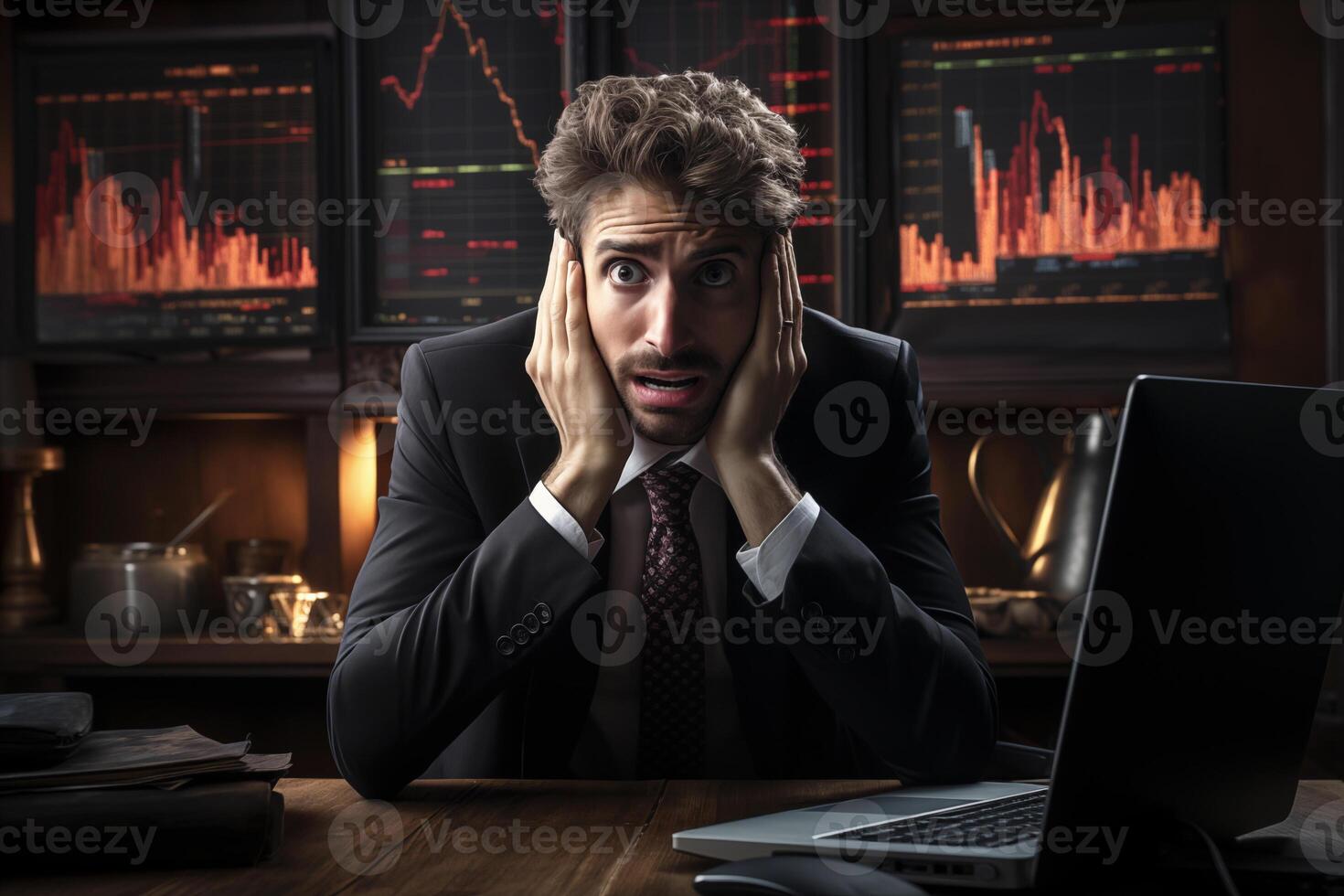 AI generated Stress businessman with bankrupt and crisis chart financial problems. Financial crisis concept photo