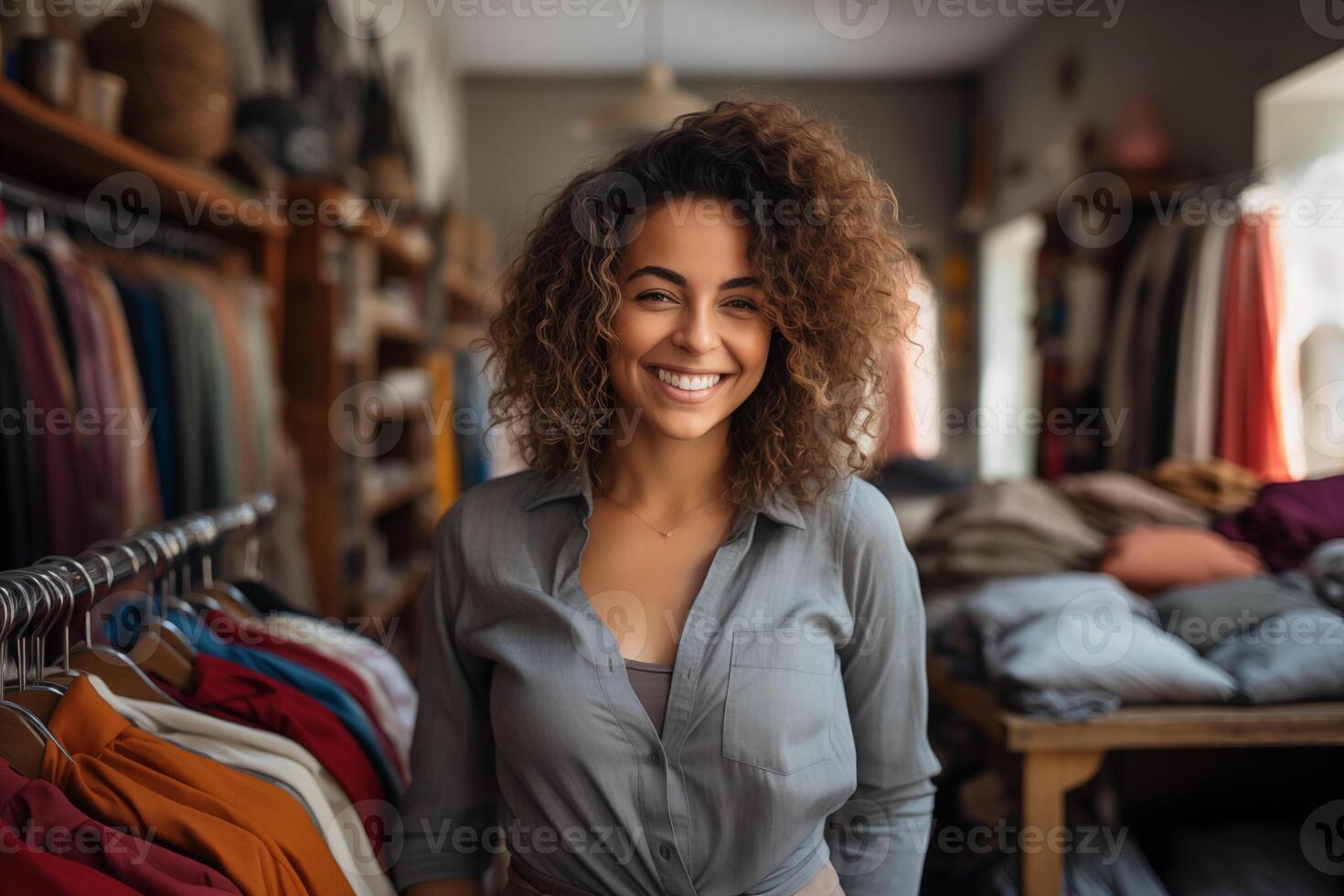 AI generated Smiling young business owner standing on her boutique store. SME business concept photo