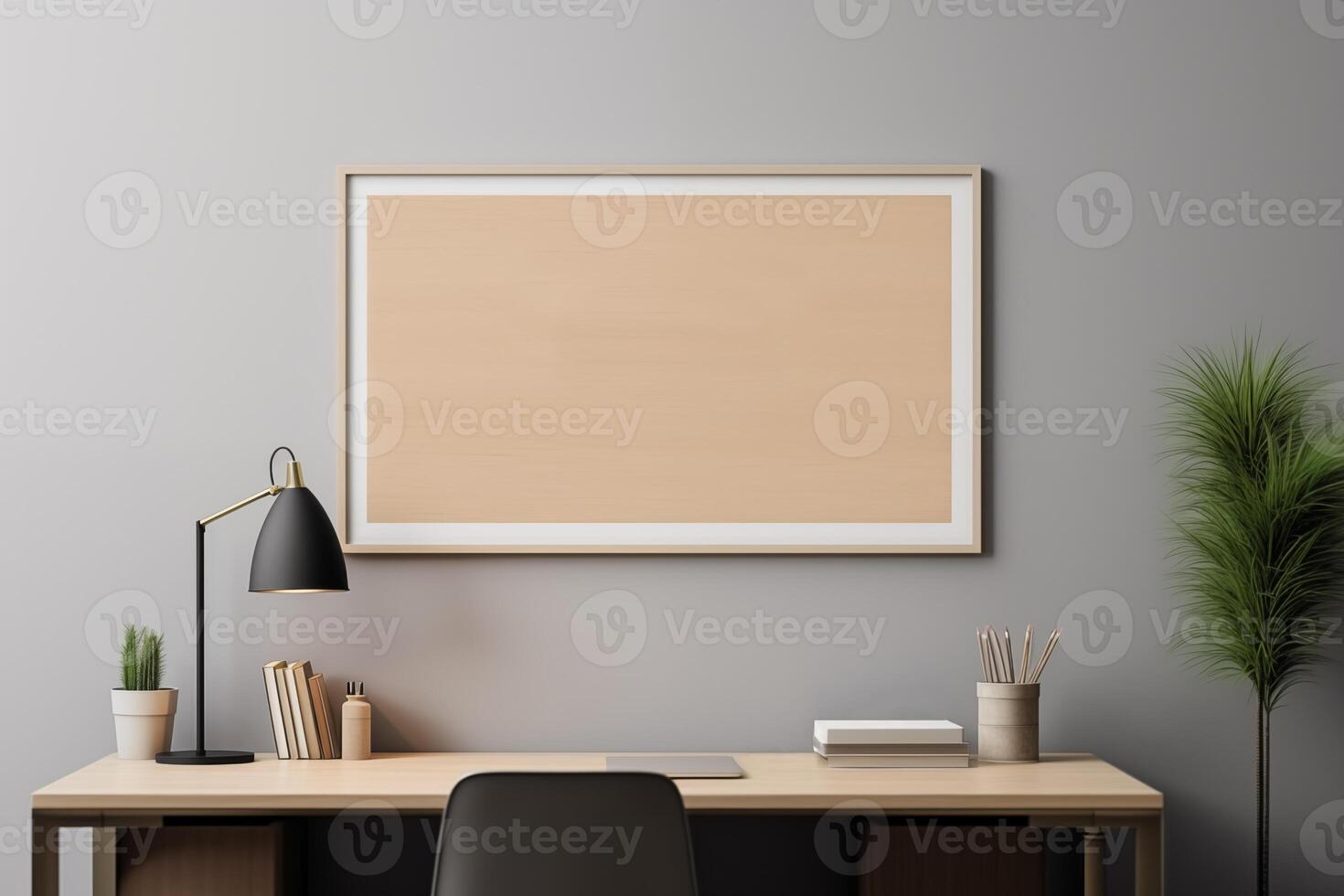 AI generated Minimalist workroom interior in modern home with big mock up empty poster frame for copy space photo