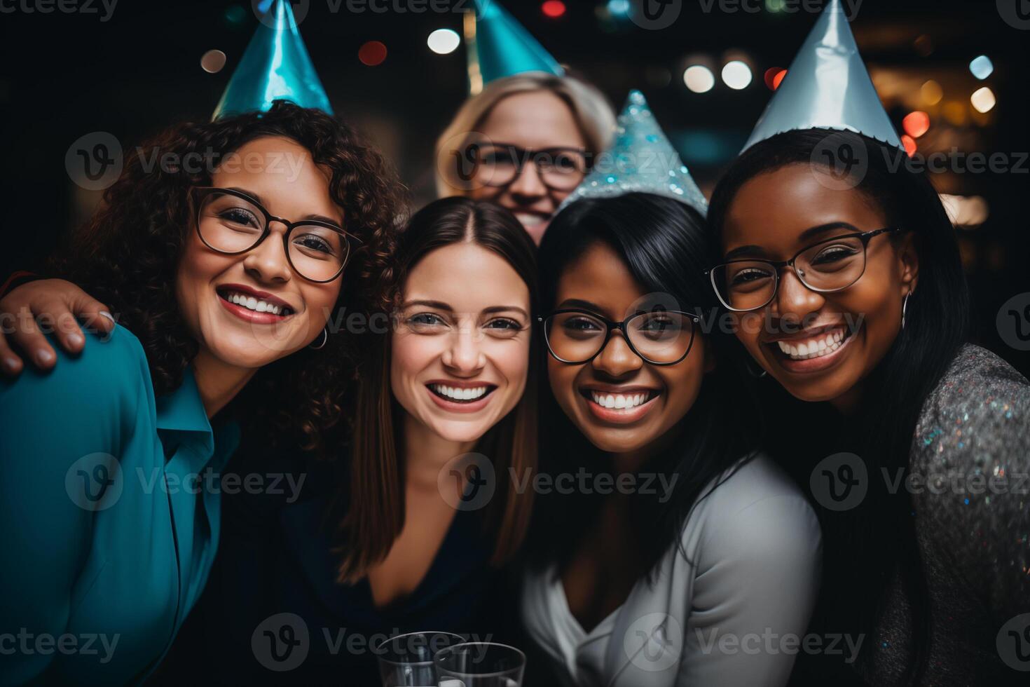 ai generado grupo de alegre étnico diversidad mujer disfrutando fiesta. nuevo año fiesta, celebracion, amigo concepto foto