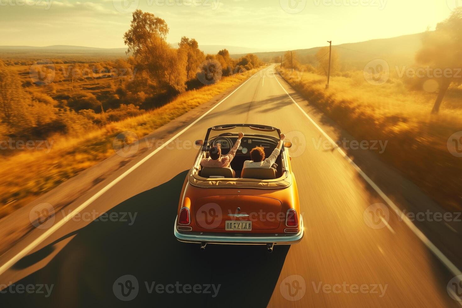 AI generated Back view of happy couple driving along country road in convertible car. Road trip, travel, holiday photo