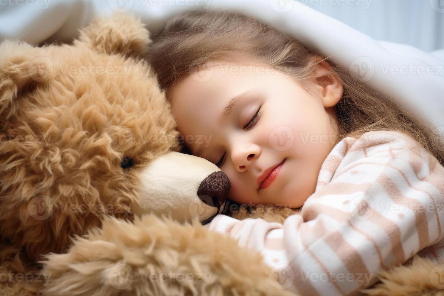 AI generated A little girl sleeping in the arms of a huge teddy bear. AI generated photo