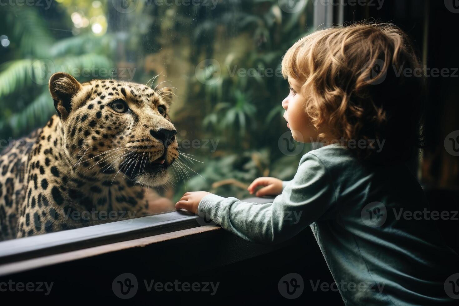 ai generado un asombrado niño mirando a el salvaje animales en un zoo. ai generado foto