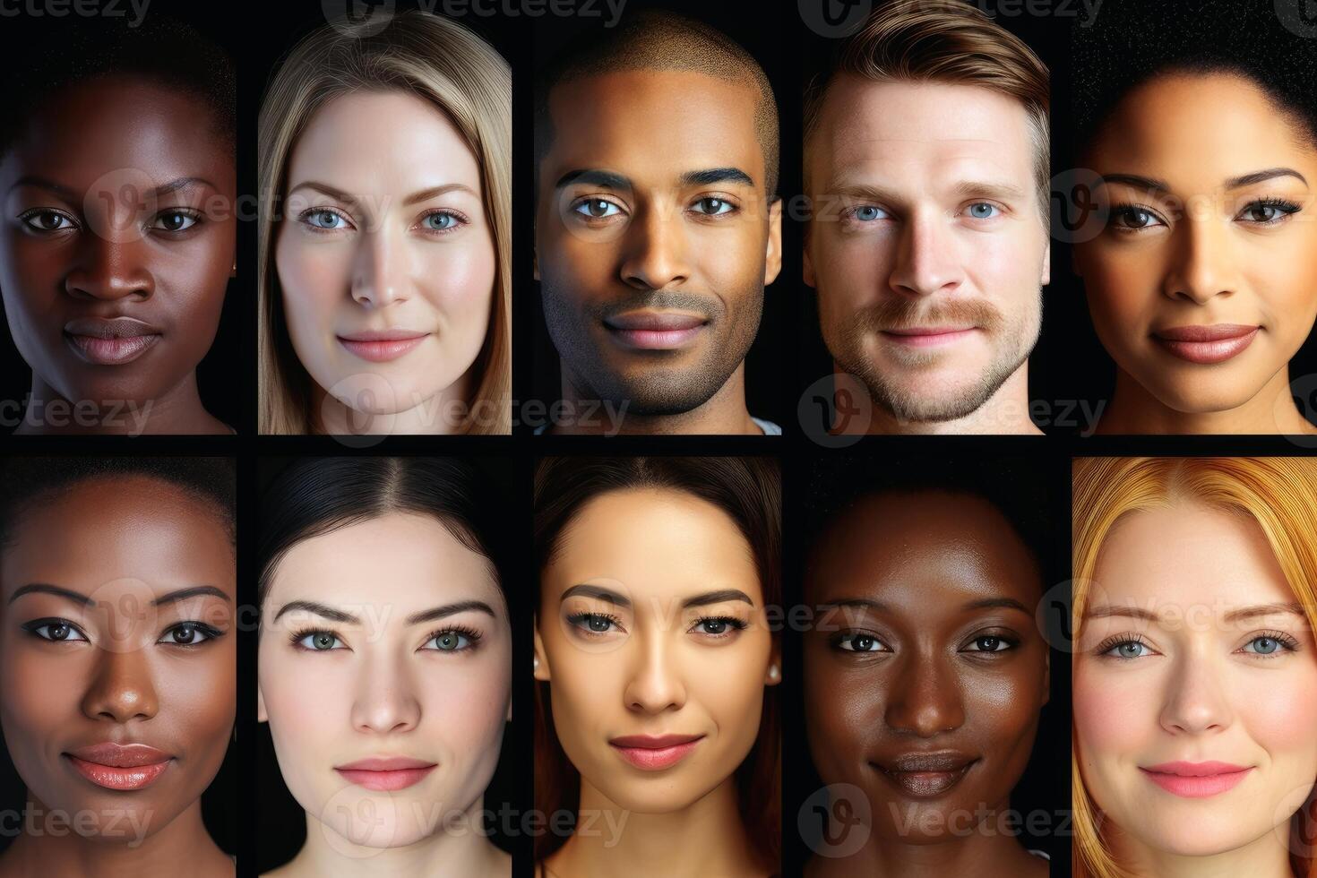 AI generated A collage of different faces of the different ethnicities. AI generated photo