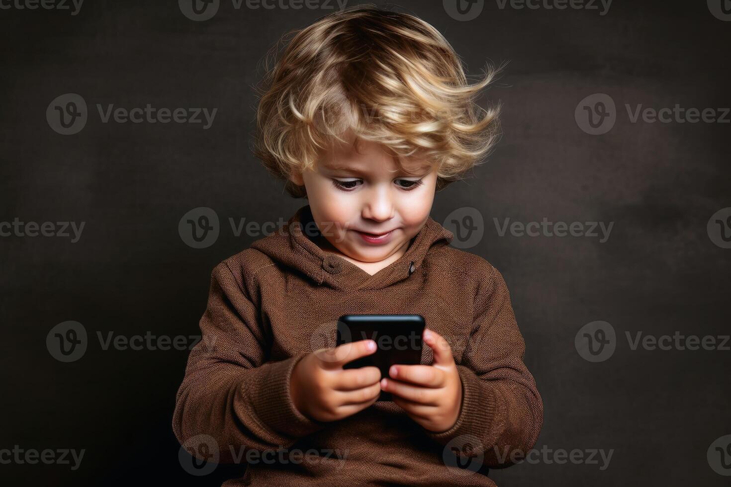 AI generated A happy young boy with his smartphone. AI generated photo