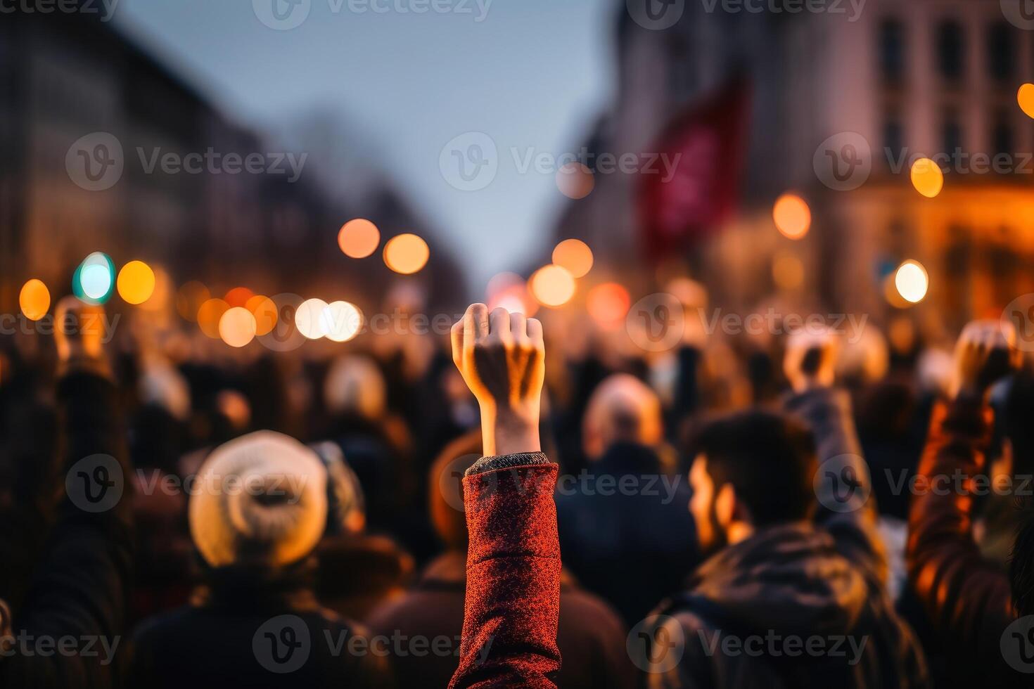 AI generated A group of people raising their fist as a symbol of protest with bokeh background. AI generated photo