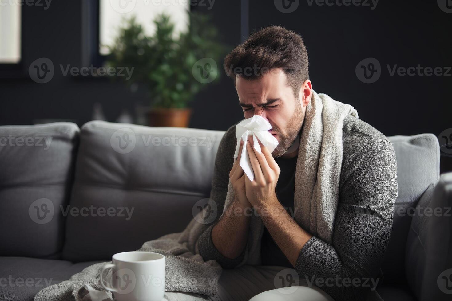 AI generated A man suffers from a cold on a sofa. AI generated photo