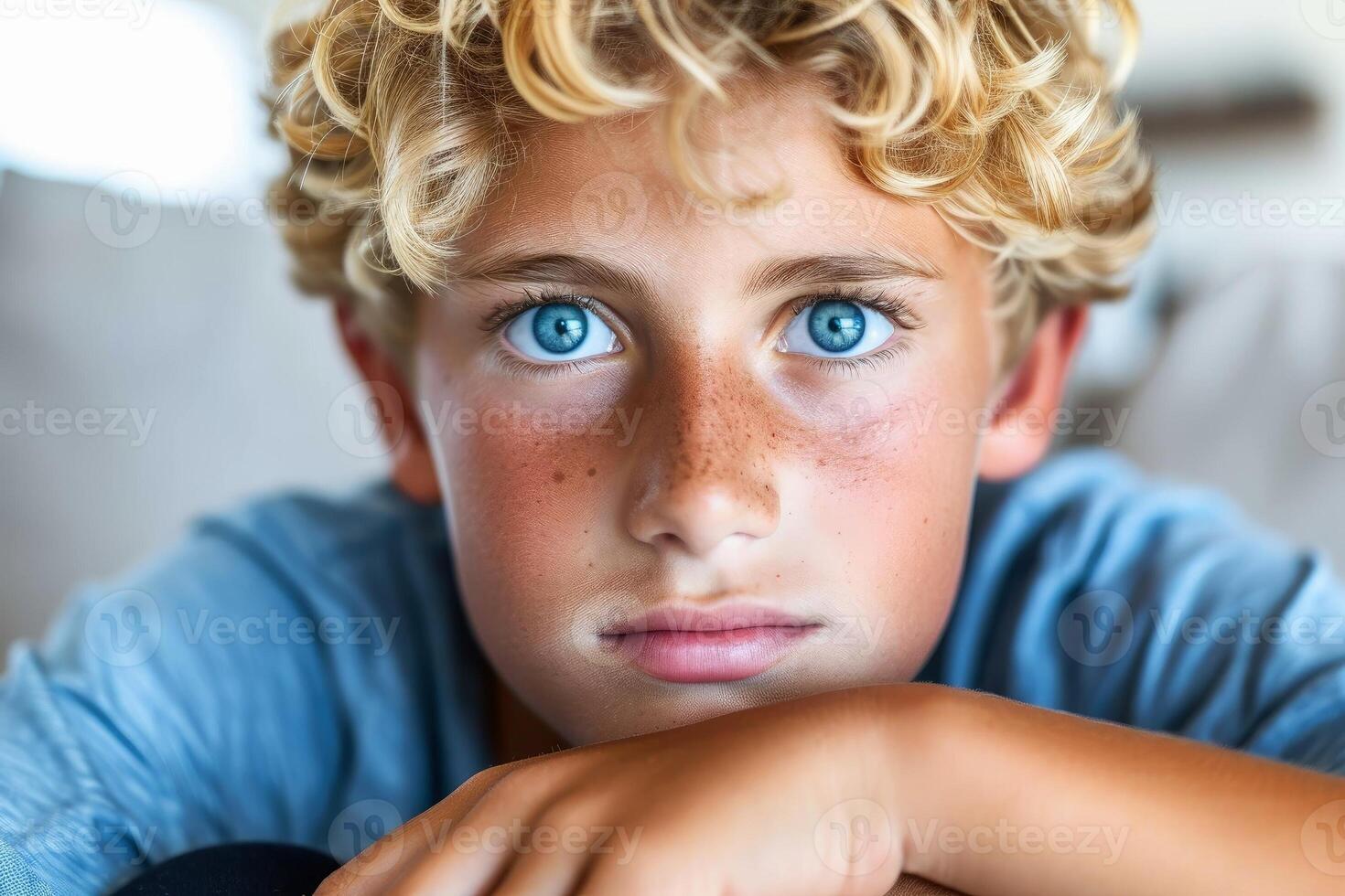 AI generated Close up portrait of a thoughtful boy. AI generated photo