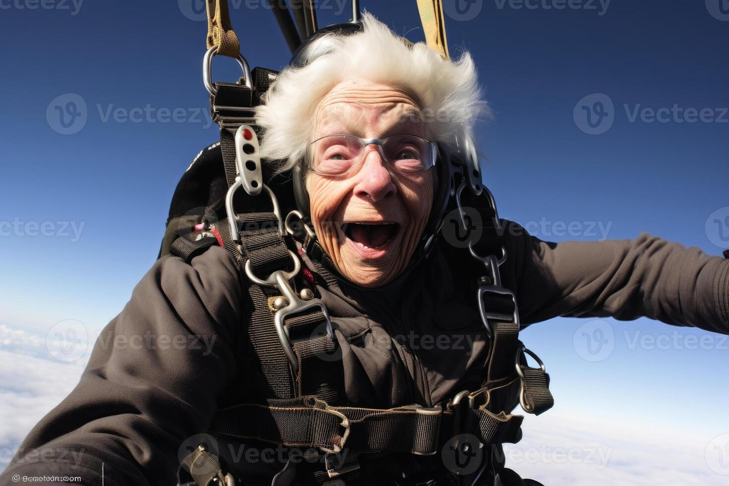 AI generated An elderly woman close up during a parachute jump. AI generated photo