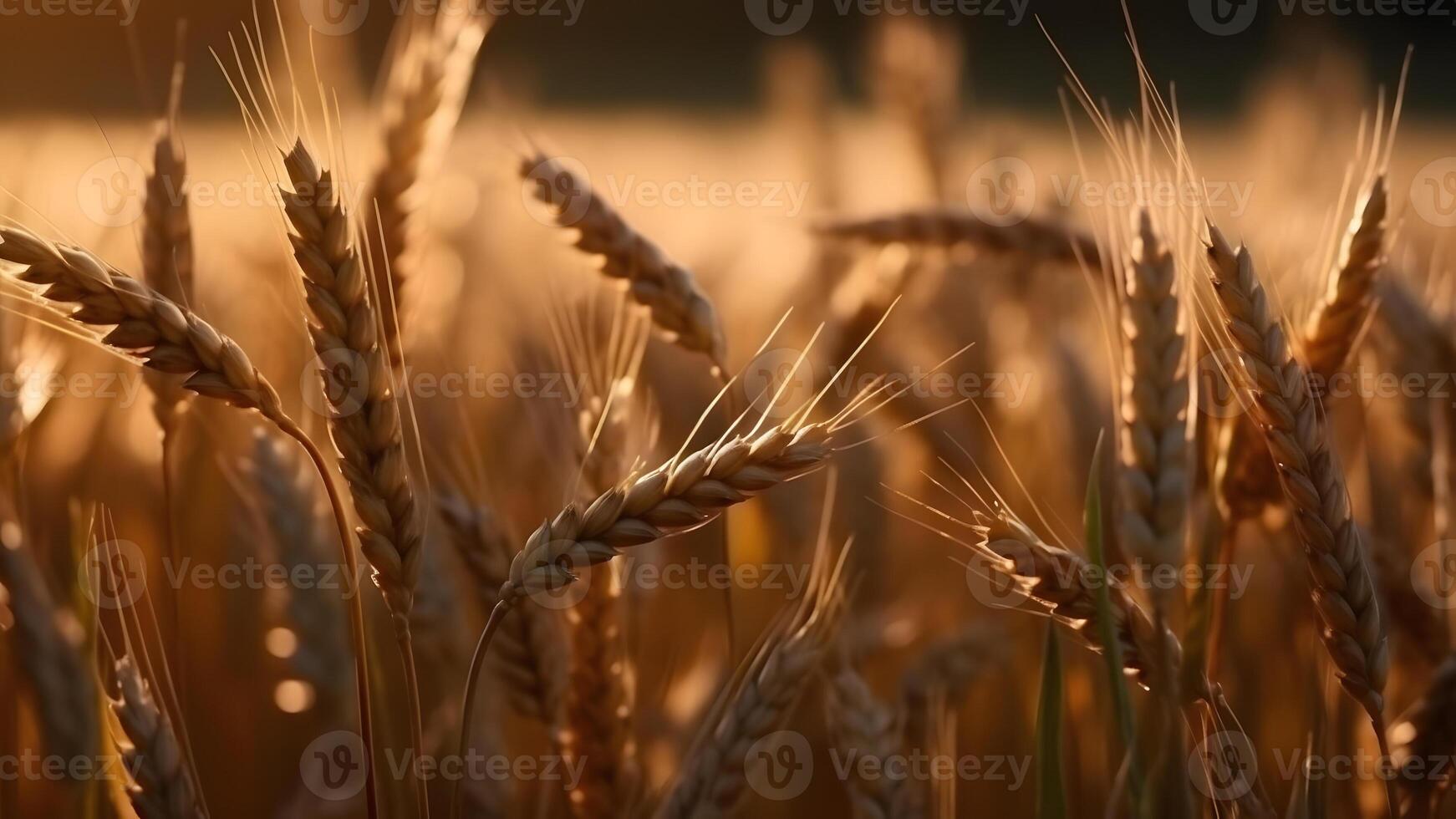 ai generado Picos de maduro trigo a soleado día, de cerca con selectivo enfocar, neural red generado imagen foto