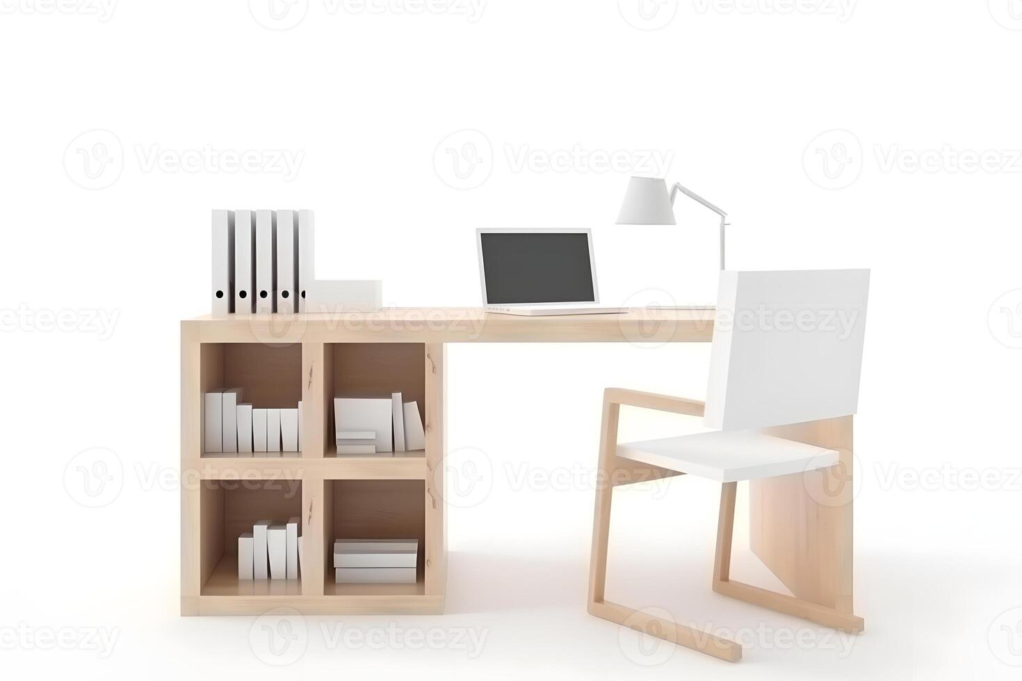 ai generado oficina lugar de trabajo escritorio en frente de vacío silla aislado en blanco fondo, neural red generado imagen foto