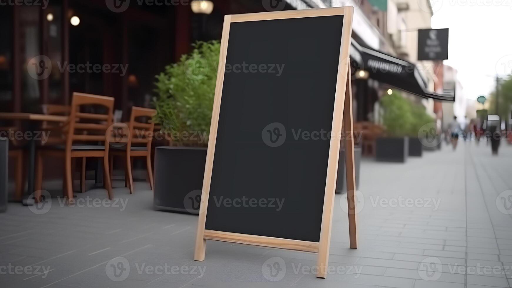 AI generated Blank black restaurant shop sign or menu board near the entrance of street cafe at day, neural network generated image photo