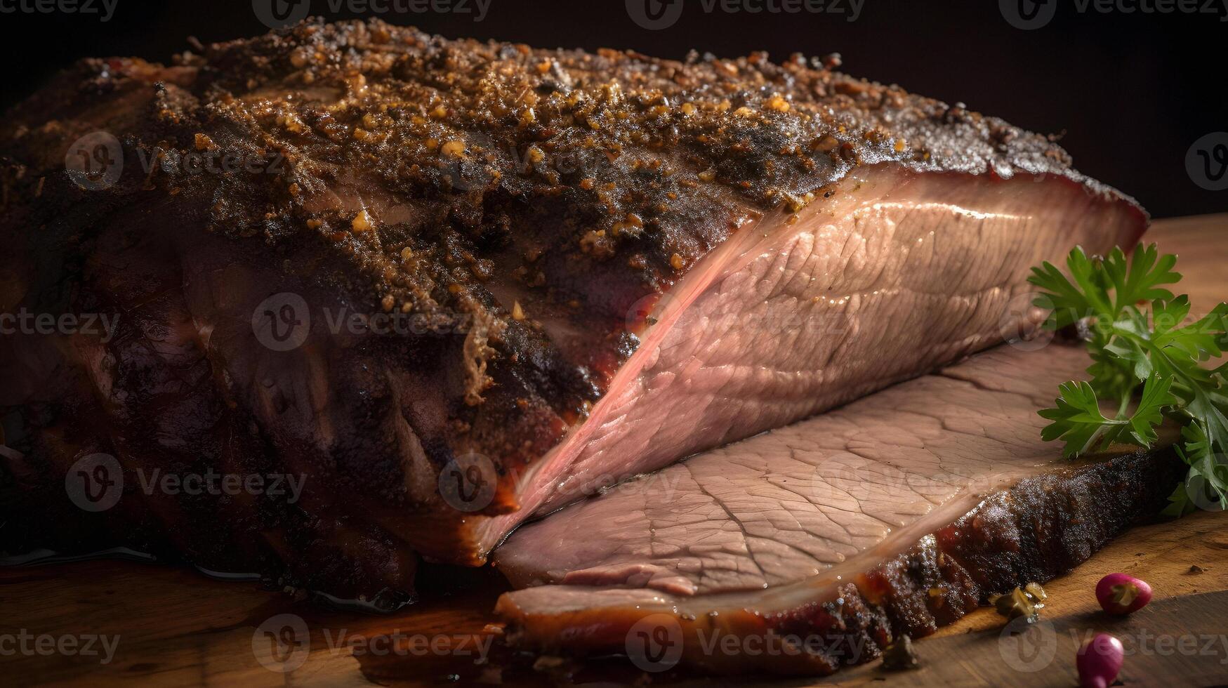 AI generated closeup view of mouthwatering tantalizing large sliced piece of freshly cooked meat, neural network generated image photo