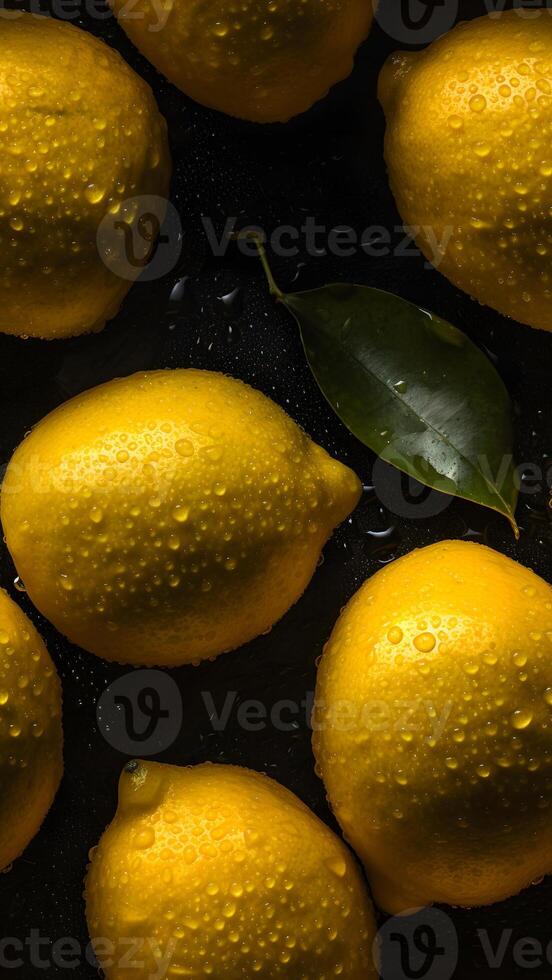 AI generated seamless texture and full-frame macro background of fresh lemons covered with water drops, neural network generated image photo