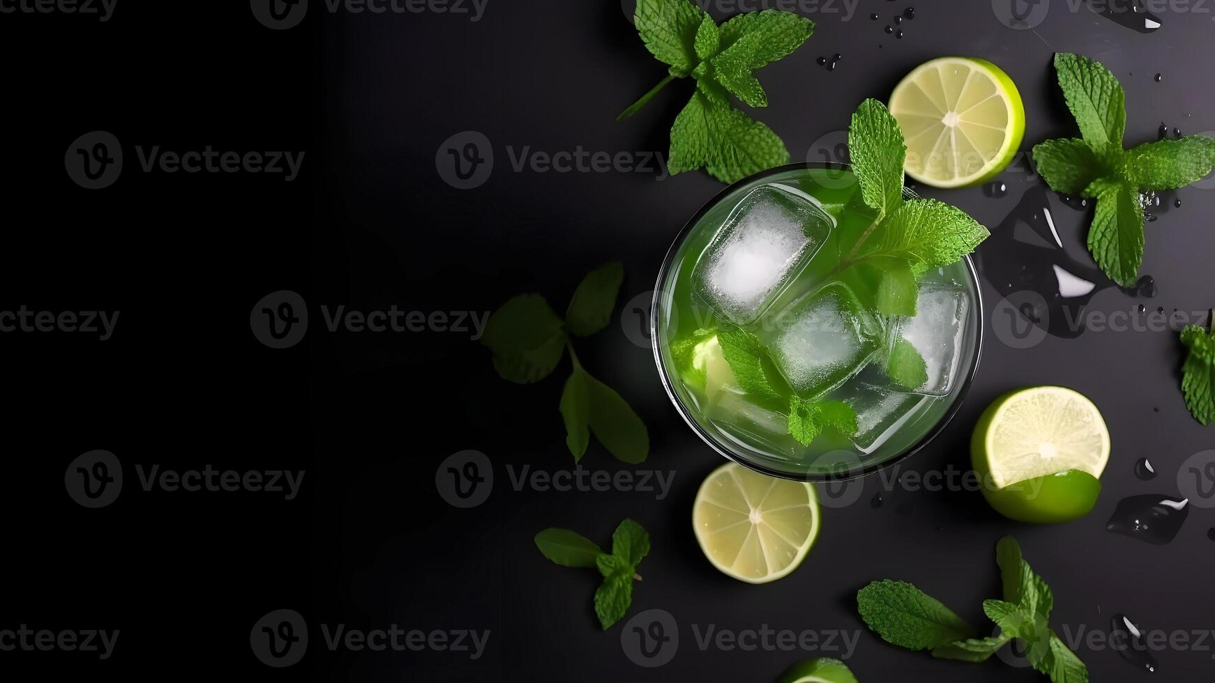 AI generated Top view of refreshing mint cocktail mojito in a glass on black background with lime, mint leaves and ice, neural network generated image photo
