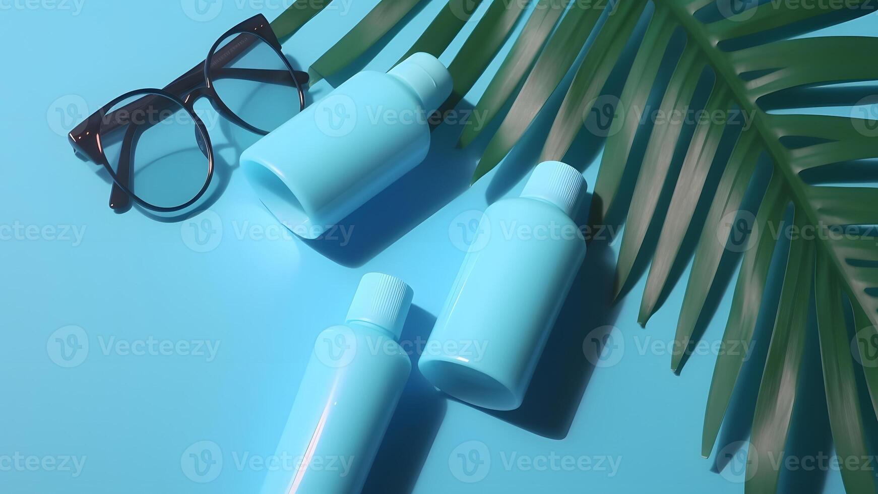AI generated Sunblock lotion bottles and sunglasses with palm leaf on light-blue background, neural network generated image photo