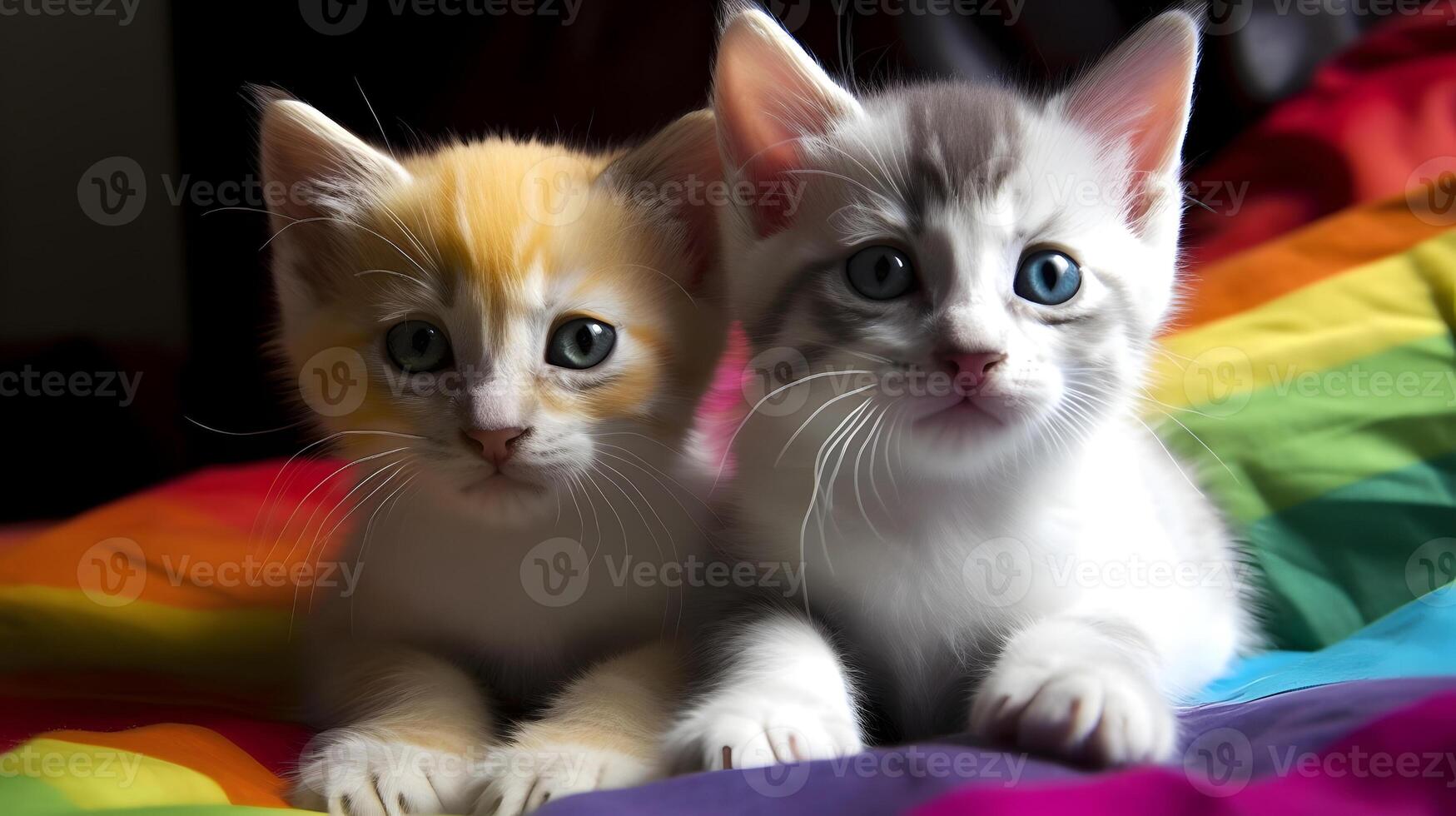 AI generated pair of kittens on rainbow LGBT flag, neural network generated image photo