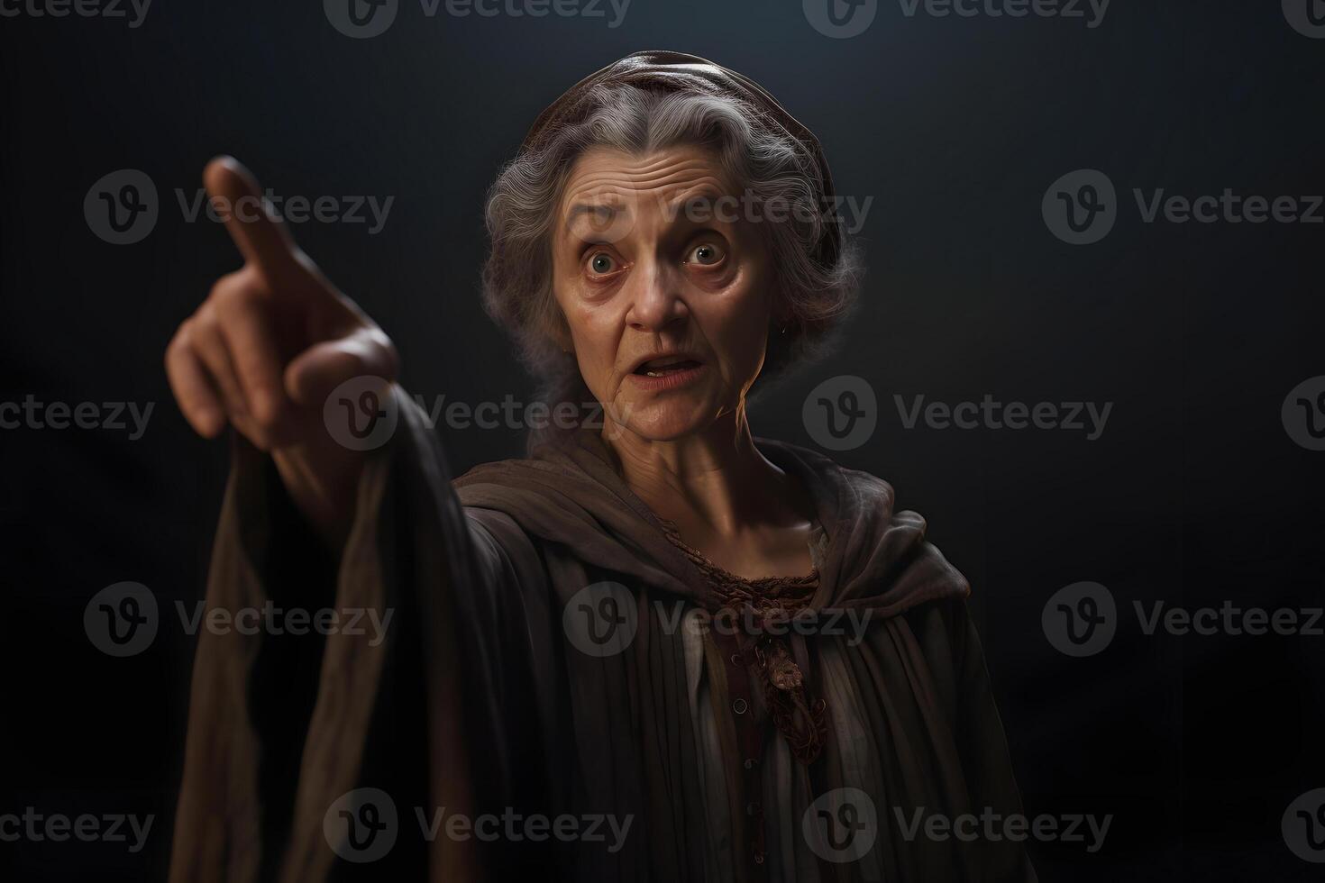 AI generated gray-haired Medieval woman points finger on black background, neural network generated image photo