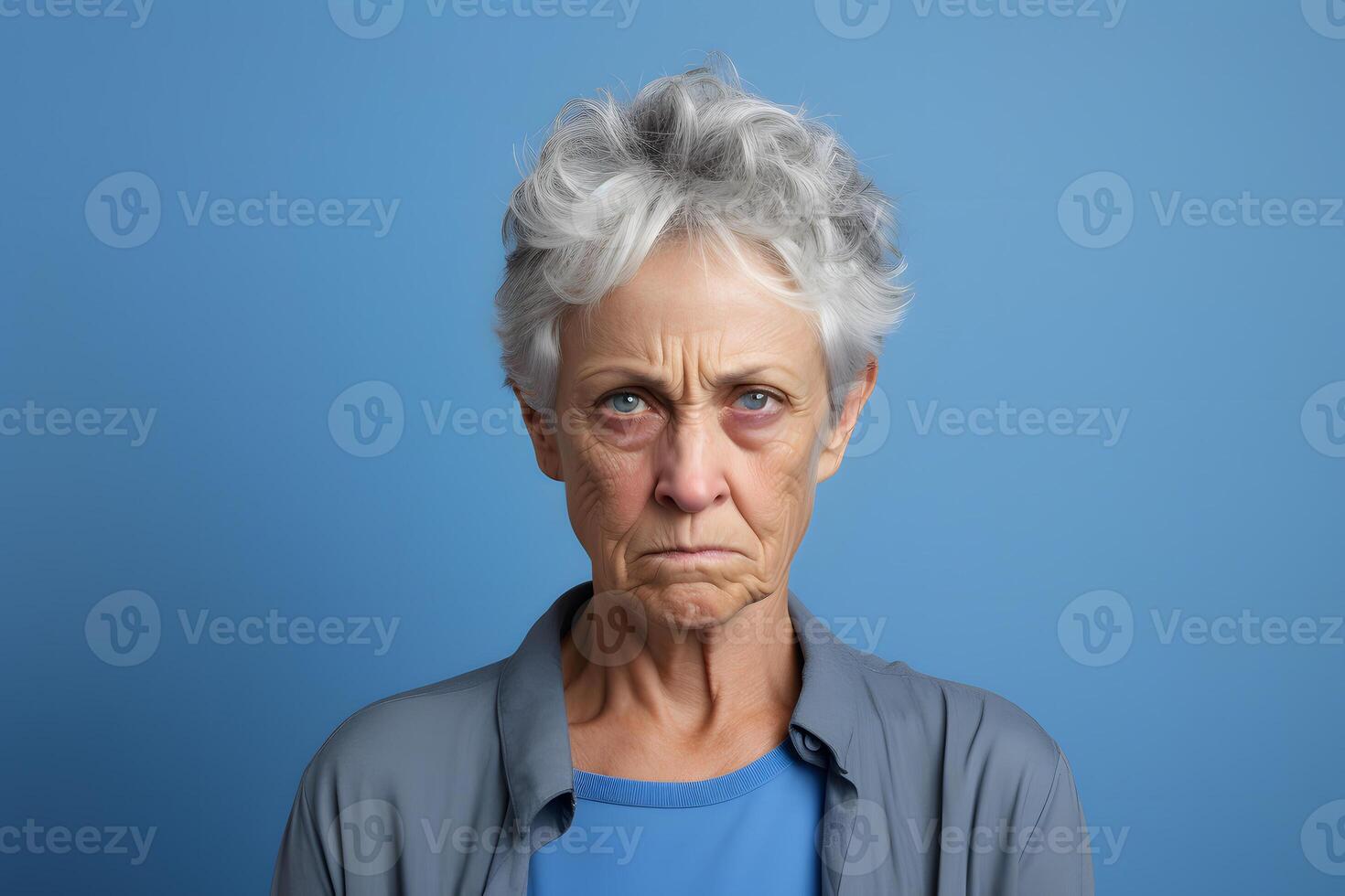 AI generated scowl senior Caucasian woman, head and shoulders portrait on blue background. Neural network generated photorealistic image photo