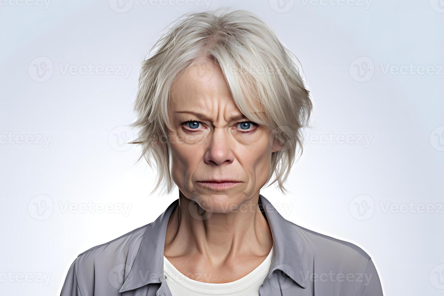 AI generated tired Caucasian woman, head and shoulders portrait on grey background. Neural network generated photorealistic image photo
