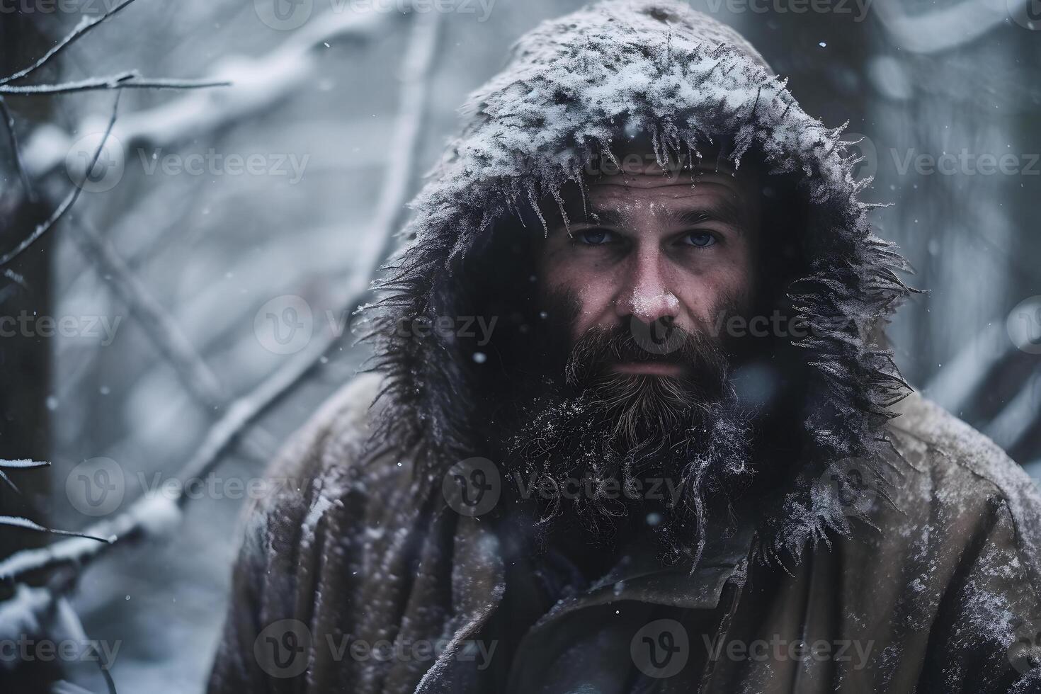 AI generated Young adult Caucasian man in winter forest at snowy day, neural network generated photorealistic image photo