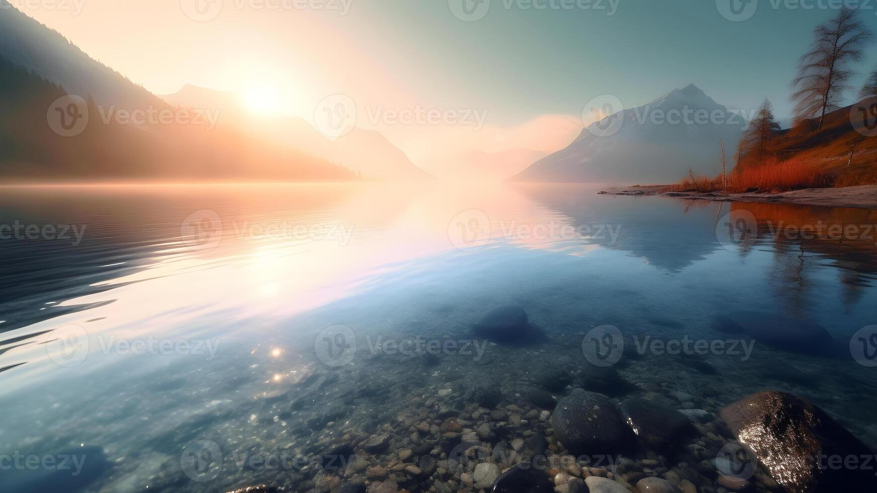 AI generated Swiss mountain lake with shallow very clear water at summer sunrise, neural network generated photorealistic image photo
