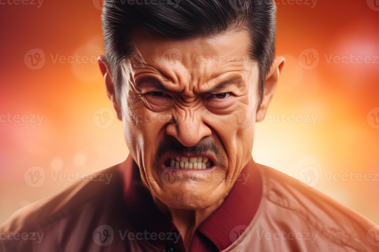 AI generated Angry mature Asian man gritted his teeth, head and shoulders portrait on orange background. Neural network generated image photo