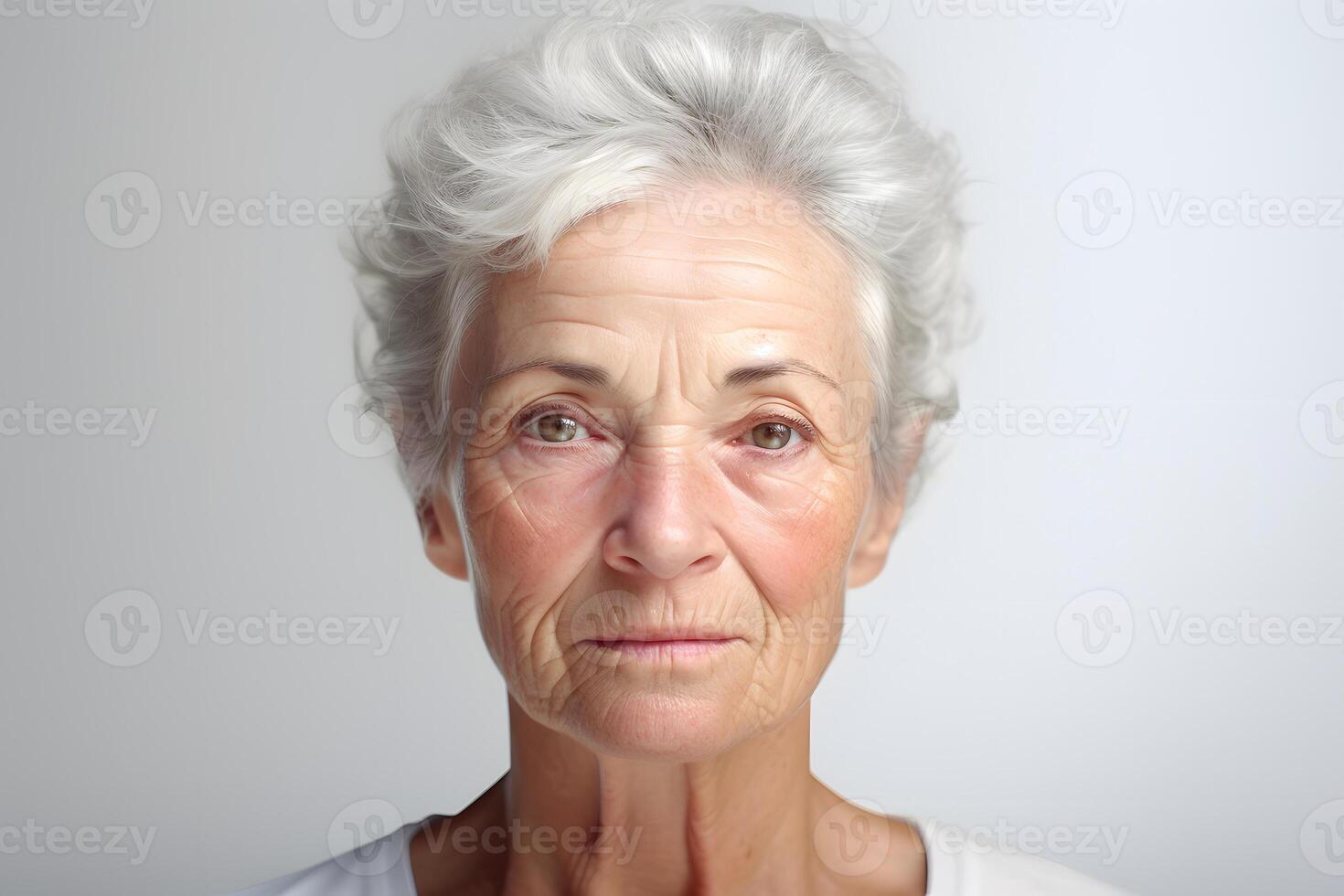 AI generated Portrait of senior gray-haired Caucasian woman on white background. Neural network generated photorealistic image. photo