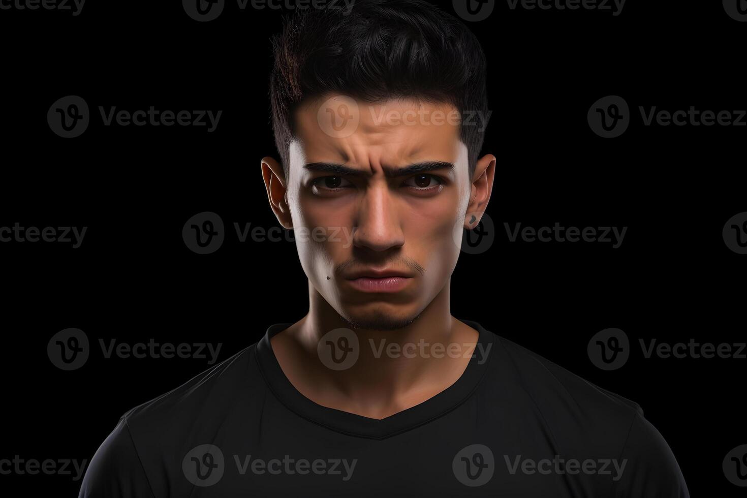 AI generated Sulking young adult Latin American man, head and shoulders portrait on black background. Neural network generated photorealistic image. photo